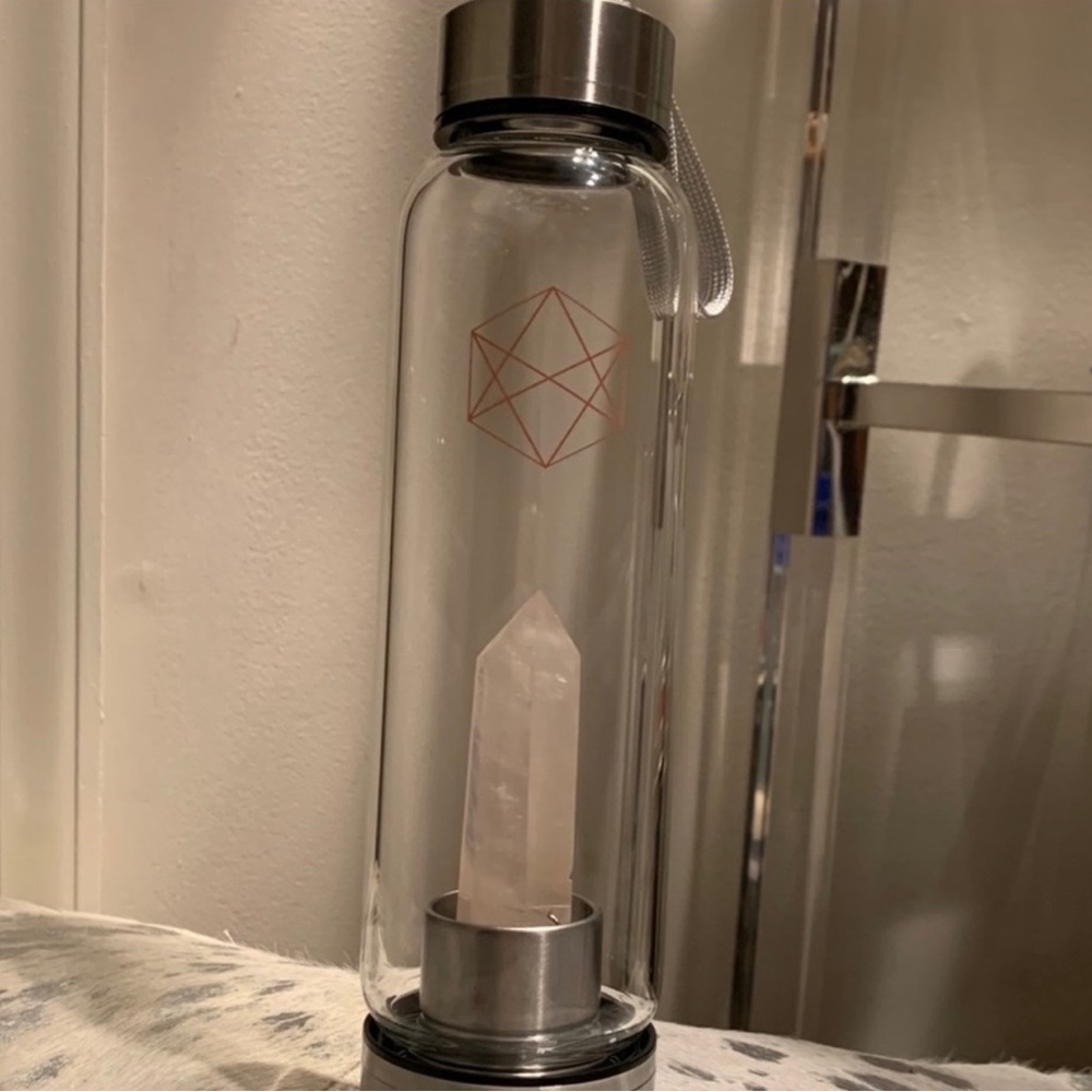 Rose Quartz Crystal Infused Glass Water Bottle w Silver Accents, New in Box